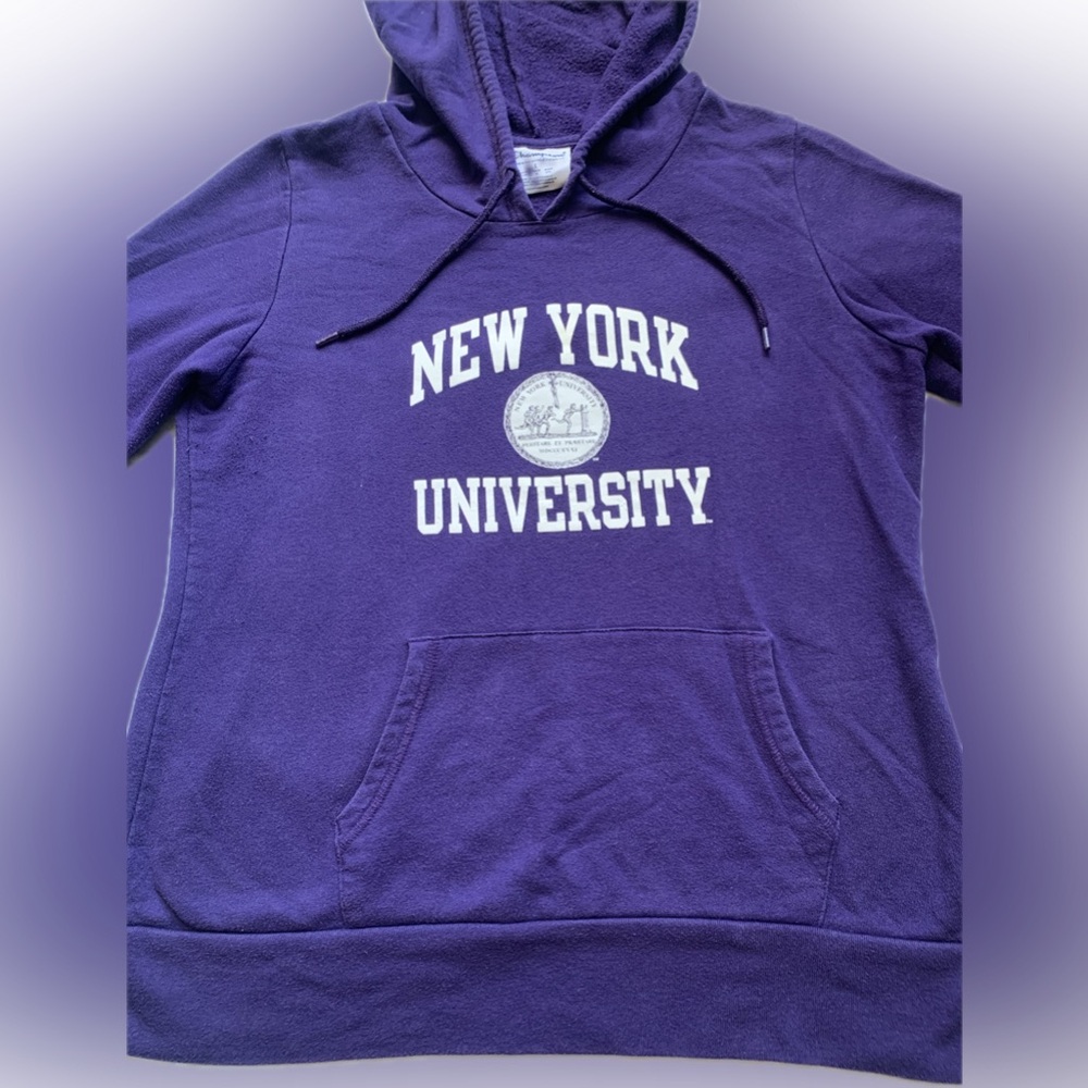 NYU fitted purple hoodie from CHAMPION, size large, NEW YORK UNIVERSITY
